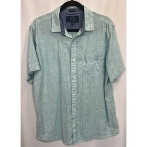 Even Tide Mens Large Aqua Blue Linen Cotton Short Sleeve Button Down Shirt Slub